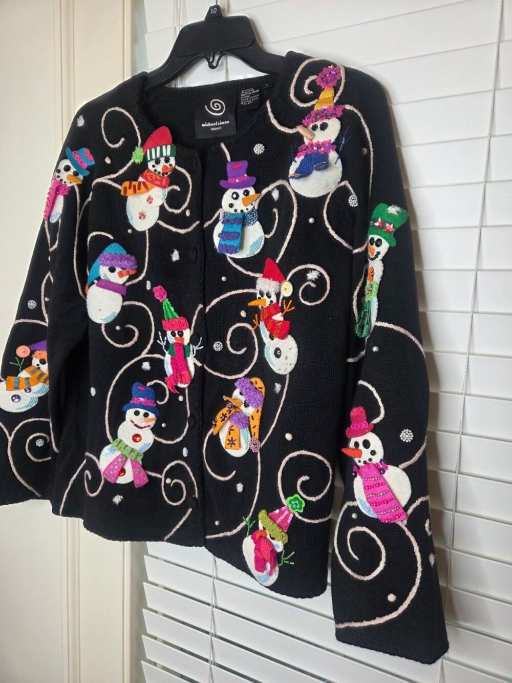 VTG Michael Simon Womens XL Black Embellished Snowman Cardigan Sweater Holiday - Picture 2 of 8